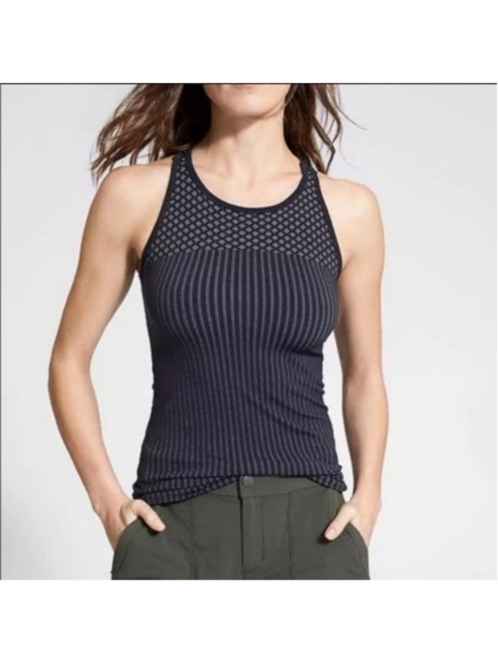 Athleta renew racerback stretch knit recycled tank navy blue small EUC active S